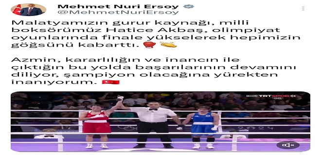 Ersoy, Malatyalı Milli Boksör Hatice Akbaş için tebrik mesajı yayımladı.